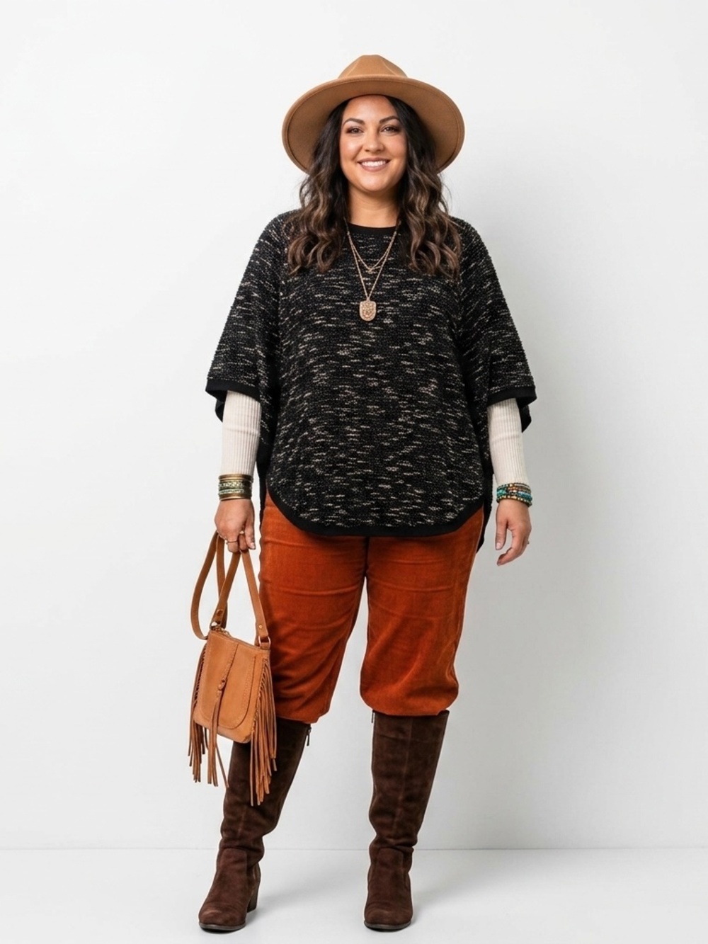 Textured Tweed Button-Side Poncho Top | Boho Layering Cape Sweater One Size Cozy